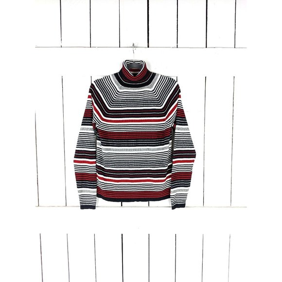 90s vintage fitted striped ribbed turtle neck long sleeve sweater top - Picture 1 of 3